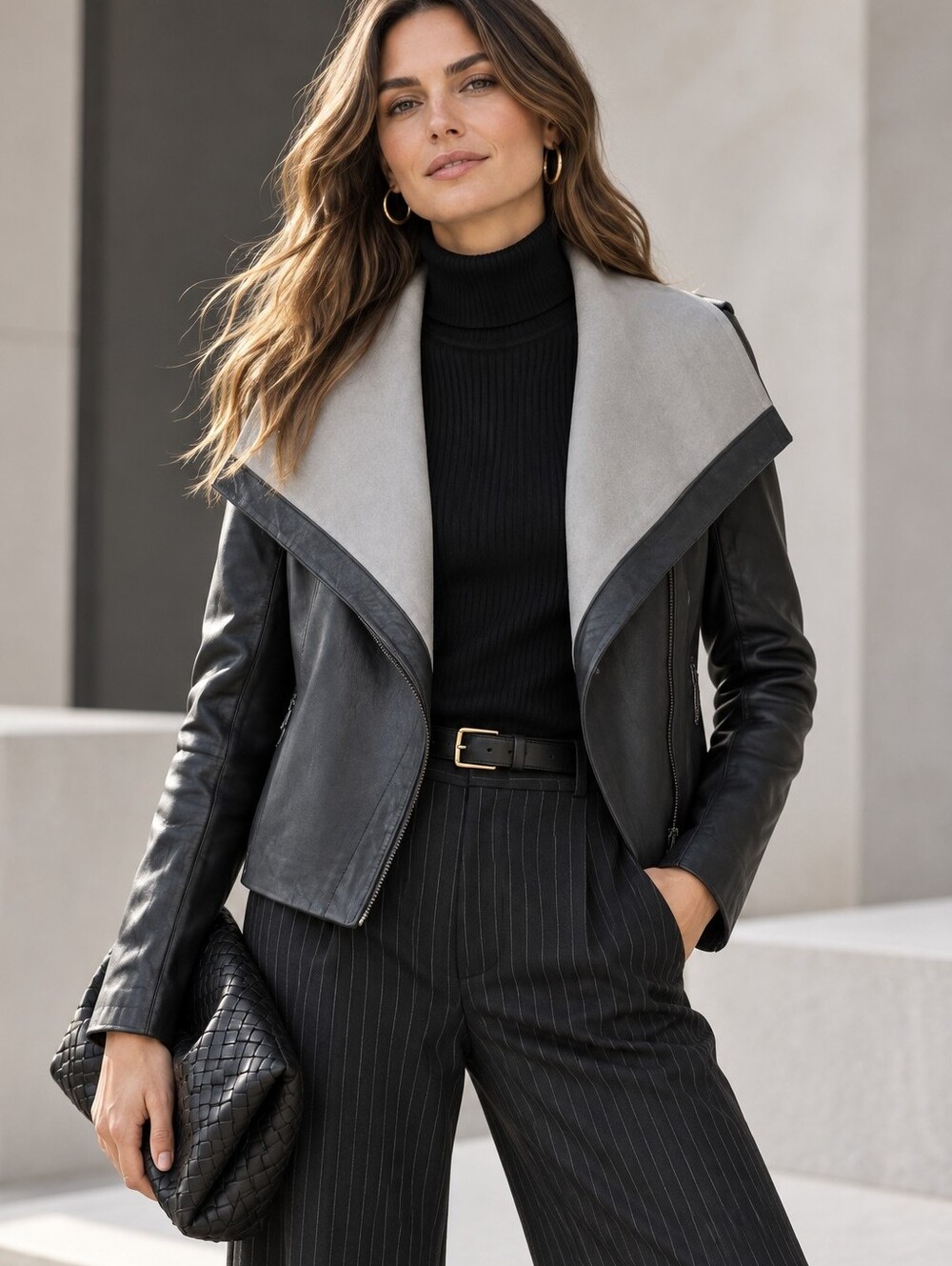 NWOT VINCE Lambskin Leather Black & Grey Colorblock Asymmetric Zip Jacket Small